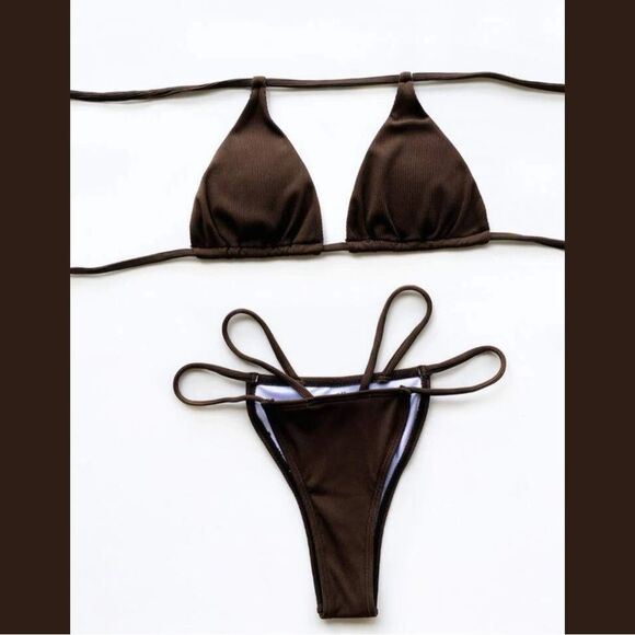 Large BROWN RIB KNIT BIKINI - Picture 2 of 5